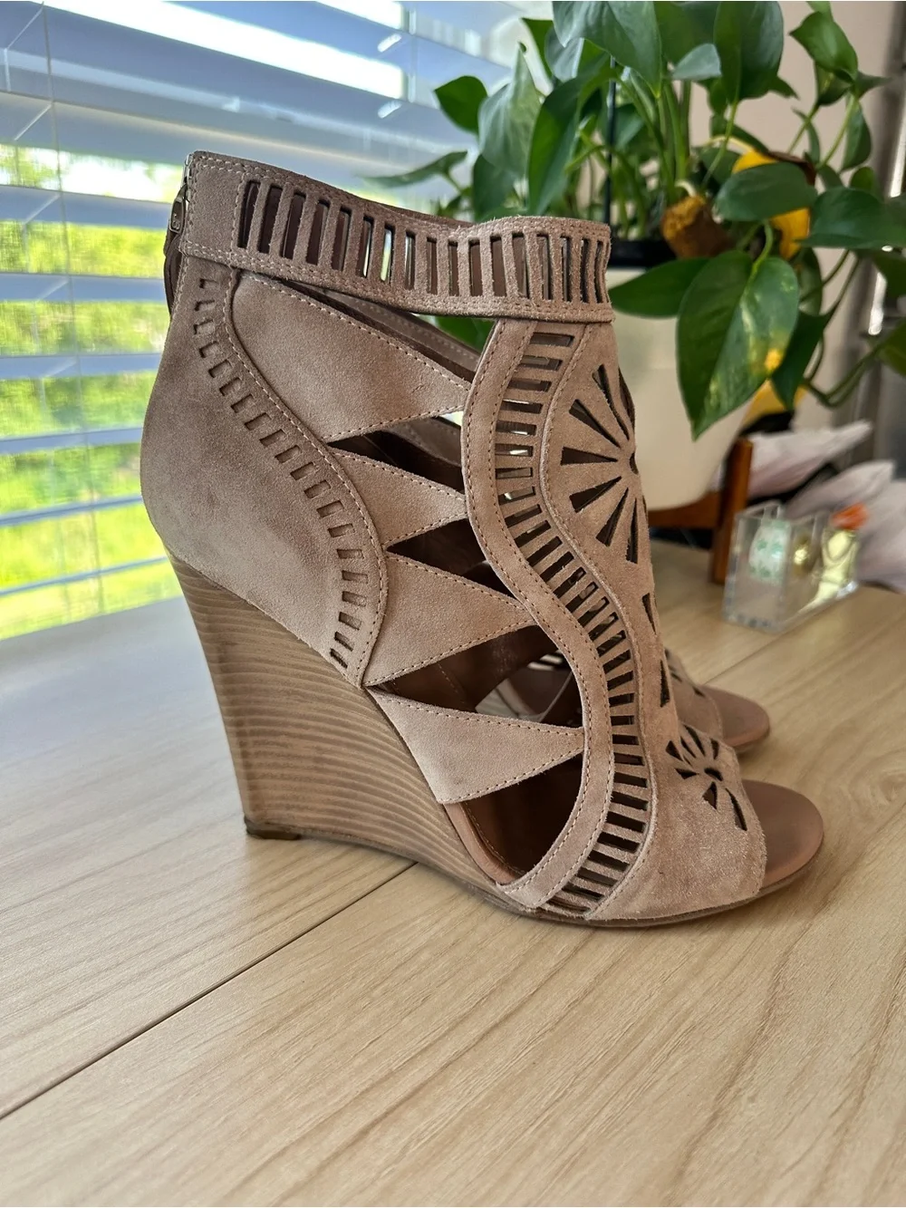 Sergio Rossi Blush Laser-Cut Peep-Toe Wedge Sandals